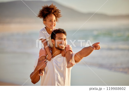 Father, girl and pointing on shoulders for beach fun, holiday and bonding and walking on sea shore or vacation. People, together and carefree girl or ocean trip for adventure, summer and relaxing 119988602