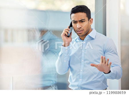Phone call, stress and confused business man in office with problem, error and mistake for online discussion. Corporate, frustrated and person on smartphone for contact, talking and communication 119988659