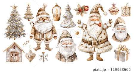 Set of isolated cute Santa Claus in vivid hand painted watercolor painting on a transparent background for ornamental Christmas and New Year party decoration elements. Gold color tone. AI generated. 119988666