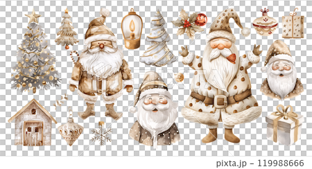Set of isolated cute Santa Claus in vivid hand painted watercolor painting on a transparent background for ornamental Christmas and New Year party decoration elements. Gold color tone. AI generated. 119988666