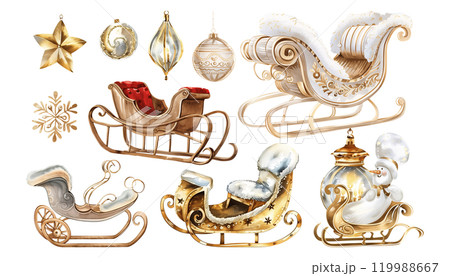 Set of isolated cute Santa Claus sleigh in vivid hand painted watercolor painting on a transparent background for ornamental Christmas and New Year party decoration elements. Gold color tone. AI 119988667