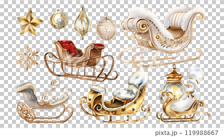 Set of isolated cute Santa Claus sleigh in vivid hand painted watercolor painting on a transparent background for ornamental Christmas and New Year party decoration elements. Gold color tone. AI 119988667