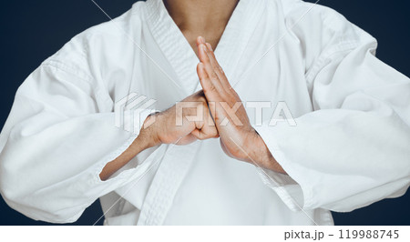 Man, hands and karate form in studio, fighter and ready for training or practice on dark background. Male person, athlete and warrior in dojo for martial arts, respect gesture and welcome to sports Man, hands and karate form in studio, fighter and ready for training or practice on dark background. Male person, athlete and warrior in dojo for martial arts, respect gesture and welcome to sports 119988745