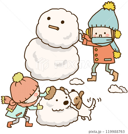 雪だるまを作る2人の子どもたちと犬 雪だるまを作る2人の子どもたちと犬 119988763