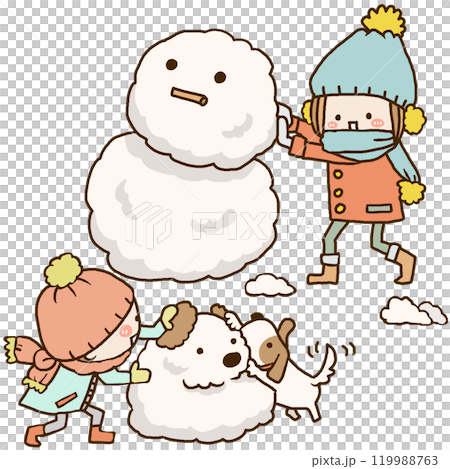 兩個孩子和一隻狗堆雪人 兩個孩子和一隻狗堆雪人 119988763