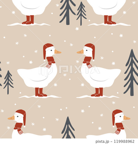 Seamless pattern with cute cartoon goose in red scarf, Santa Claus hat and boots. Merry Christmas background. Vector illustration. Seamless pattern with cute cartoon goose in red scarf, Santa Claus hat and boots. Merry Christmas background. Vector illustration. 119988962
