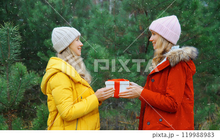 Happy smiling women friends, gift box, celebration on Christmas tree background in winter forest 119988983