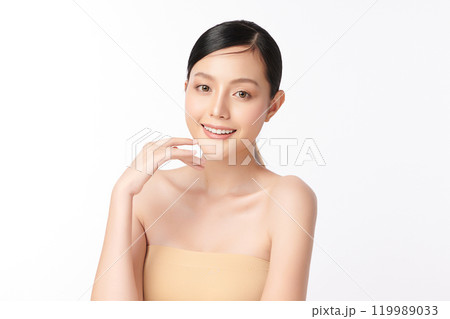 Beautiful young asian woman with clean fresh skin on white background, Face care, Facial treatment, Cosmetology, beauty and spa, Asian women portrait. 119989033