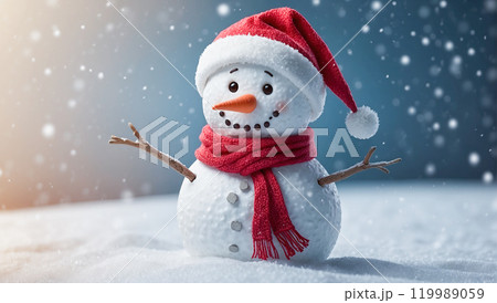 Jolly snowman with a red Santa hat and scarf, standing in a snowy landscape, surrounded by falling snowflakes. 119989059
