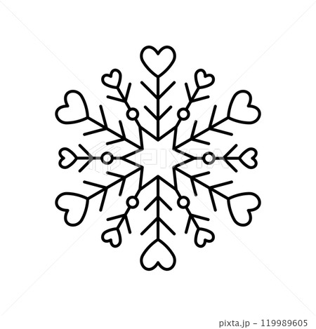 Snowflake with hearts love for snow design and pattern. Black line Christmas element isolated on white background. Snow flake icon. Ice crystal graphic. Clipart for winter prints. Vector illustration  119989605