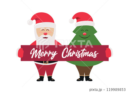 cute santa claus and fir tree with merry christmas greeting message vector illustration cute santa claus and fir tree with merry christmas greeting message vector illustration 119989853