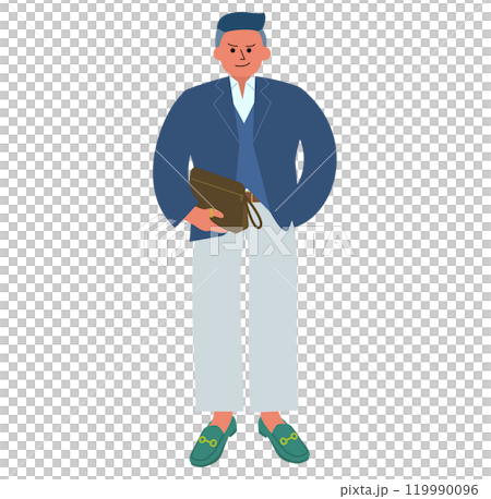 Full-body illustration of an intimidating man in formal attire with a two-block haircut and carrying a handbag 119990096