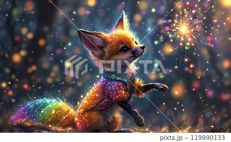 A vibrant fox playfully interacts with colorful sparks in a mystical forest setting at twilight 119990133