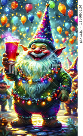 A cheerful gnome celebrates with colorful lights and a drink at a festive gathering under bright balloons at night 119990134