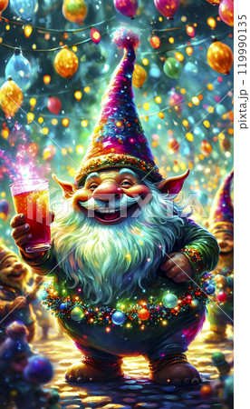 A cheerful gnome celebrating with a drink at a vibrant festival filled with colorful lights and joyful decorations 119990135
