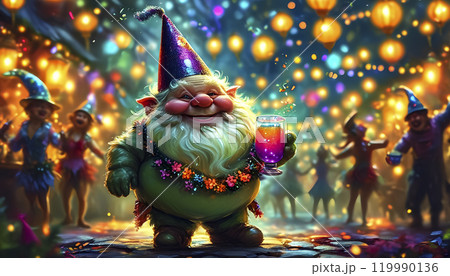 A joyful gnome celebrating at a vibrant festival, surrounded by colorful lights and lively dancers at night 119990136