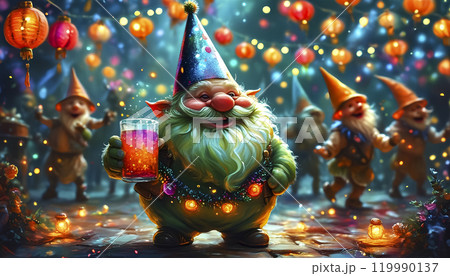 A joyful gnome celebrating with friends at a festive night gathering filled with colorful lanterns and cheerful lights 119990137