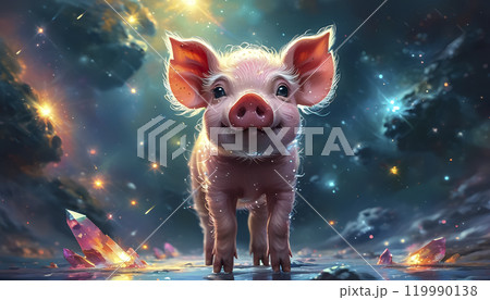 A playful piglet explores a colorful cosmic landscape filled with shimmering crystals and glowing stars during a fantastical adventure 119990138