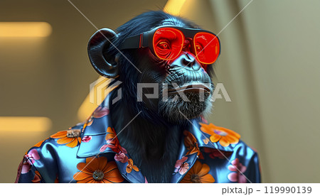 A stylish monkey wearing bright sunglasses and a floral shirt stands confidently indoors, showcasing a vibrant and playful fashion sense 119990139