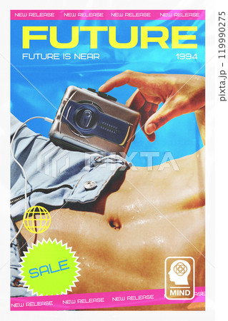 Creative design. Retro poster with vintage cassette player on muscular male body against bright blue background. 90s music culture. Magazine cover. Creative design. Retro poster with vintage cassette player on muscular male body against bright blue background. 90s music culture. Magazine cover. 119990275
