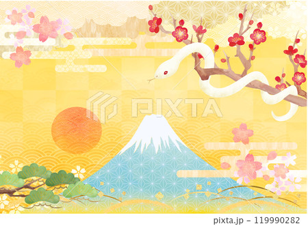 富士山と和風の背景に白い蛇の年賀状背景ベクター素材 富士山と和風の背景に白い蛇の年賀状背景ベクター素材 119990282