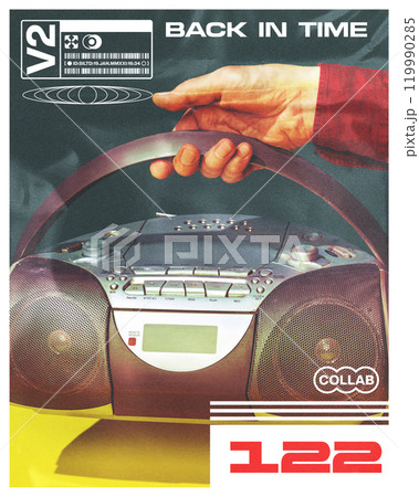 Creative design. Vintage-style poster featuring classic 90s boombox held by hand. Retro colors and bold text, sense of nostalgia for 90s era. 119990285