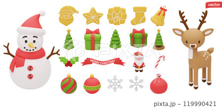 3D vector Christmas elements for design. Set include Santa Claus, deer, snowman, decorated Christmas tree, gift box, gingerbread cookies. 3D plastic cartoon style. Isolated on a white background 3D vector Christmas elements for design. Set include Santa Claus, deer, snowman, decorated Christmas tree, gift box, gingerbread cookies. 3D plastic cartoon style. Isolated on a white background 119990421