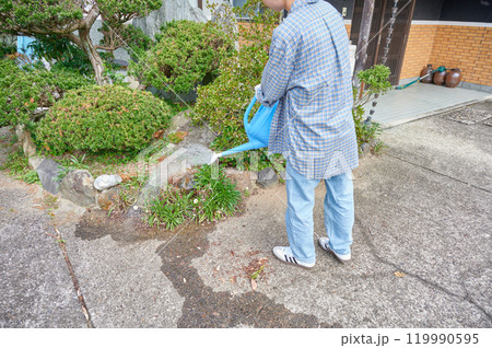 お庭の手入れをする女性　水やり　古民家　田舎 119990595