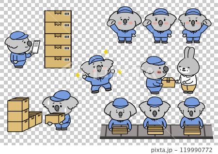 作業服を着たコアラのデフォルメイラストセット 作業服を着たコアラのデフォルメイラストセット 119990772