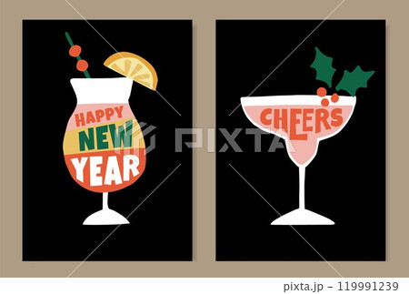 Happy New Year greeting card, invitations. Cocktail drinks glasses with lettering text isolated on black background. Birthday party celebration retro mid century design. Hand drawn vector illustration 119991239