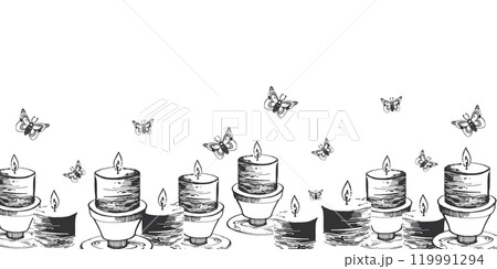 Seamless border of candles and night moths. Halloween illustration. All objects are hand-drawn with ink and transferred to vector. Suitable for printing on fabric, paper, for cards and invitations. 119991294