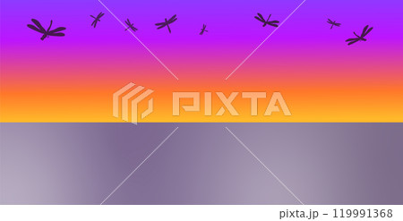 幻想的な夕焼け空をトンボが舞っている風景イラスト 119991368