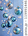 Festive Christmas and New Year composition with glittering blue shiny baubles. High quality photo with space for text 119991446