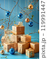 Festive Christmas and New Year composition with glittering blue shiny baubles. High quality photo with space for text 119991447