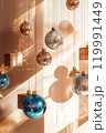 Festive Christmas and New Year composition with glittering blue shiny baubles. High quality photo with space for text 119991449