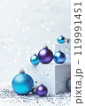 Festive Christmas and New Year composition with glittering blue shiny baubles. High quality photo with space for text 119991451