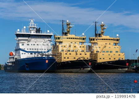 Icebreakers fleet moored off the northern side of Katajanokka island in Helsinki, Finland, Europe, sunny day 119991476