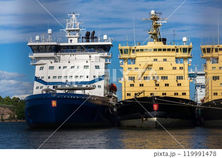 Icebreakers fleet moored off the northern side of Katajanokka island in Helsinki, Finland, Europe, sunny day 119991478