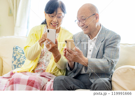 スマホを操作するシニア夫婦 スマホを操作するシニア夫婦 119991666