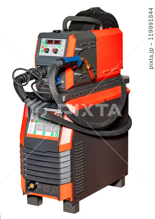Powerful welding machine ready for precision tasks in an industrial workshop setting 119991844