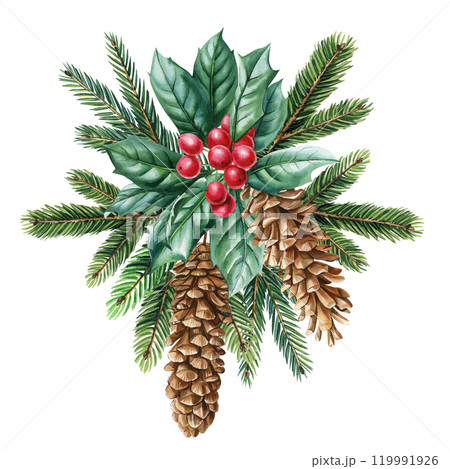 Winter forest decor with holly berries, pine cones and green leaves for illustration. Watercolor Christmas arrangement Winter forest decor with holly berries, pine cones and green leaves for illustration. Watercolor Christmas arrangement 119991926