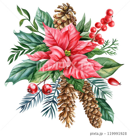 Hand-painted watercolor holiday foliage with holly, pine cone, red flower and coniferous branches isolated illustration Hand-painted watercolor holiday foliage with holly, pine cone, red flower and coniferous branches isolated illustration 119991928