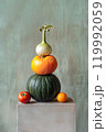 Natural still life with orange and green pumpkins, tomatoes and onions. Bright background with copy space. Thanksgiving, production for the market, harvest concept 119992059