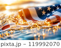 Sparkles with lights in soft focus and American flag on the background. July forth celebration. The Independence day backdrop. Abstract minimalistic wallpaper with space for text.  119992070