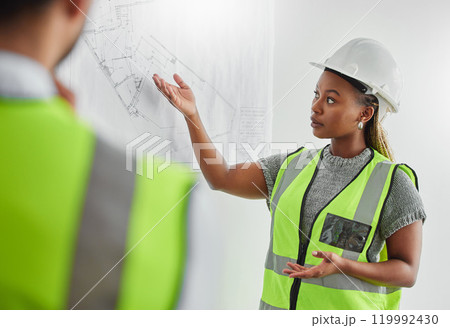 Construction meeting, model and business people in office with blueprint, solution or brainstorming. Architecture, problem solving or engineering team with floor plan, design or compliance discussion Construction meeting, model and business people in office with blueprint, solution or brainstorming. Architecture, problem solving or engineering team with floor plan, design or compliance discussion 119992430