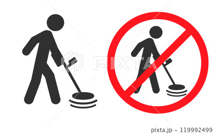 No Metal detecting icon symbol. Metal detecting not allowed logo sign. Silhouette of a man with a metal detector. prohibited, prohibition, forbidden, ban. Vector illustration image. Isolated  119992499
