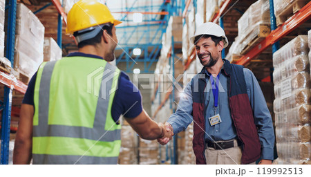 Men, shaking hands and warehouse for deal with logistics, smile and contract for global shipping company. People, handshake and happy for agreement, collaboration and supply chain for distribution Men, shaking hands and warehouse for deal with logistics, smile and contract for global shipping company. People, handshake and happy for agreement, collaboration and supply chain for distribution 119992513