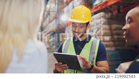 People, tablet and discussion in warehouse for logistics with group, planning and check inventory. Man, women and team with digital touchscreen on app for supply chain, inspection or stock in factory People, tablet and discussion in warehouse for logistics with group, planning and check inventory. Man, women and team with digital touchscreen on app for supply chain, inspection or stock in factory 119992583