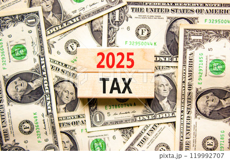 Planning 2025 tax new year symbol. Concept words 2025 Tax on beautiful wooden blocks. Dollar bills. Beautiful background from dollar bills. Business 2025 tax new year concept. Copy space. 119992707