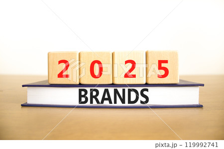 Planning 2025 brands new year symbol. Concept words 2025 Brands on beautiful wooden blocks and book. Beautiful wooden table white background. Business 2025 brands new year concept. Copy space. 119992741
